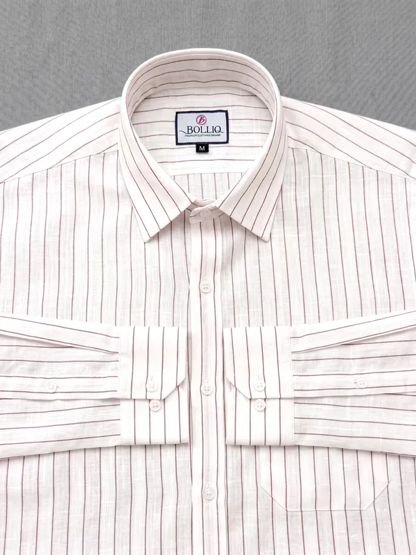 BOLLIQ_Signature_Ivory_Wine_Stripe_100%_Cotton_Linen_Shirt