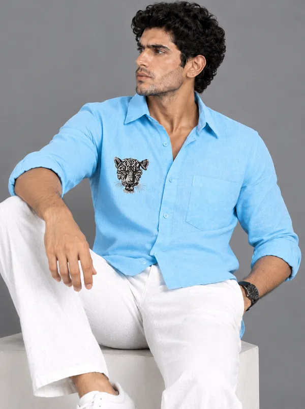 BOLLIQ_Sky_Blue_Leopard_Embroidery_100%_Cotton_Linen_Shirt