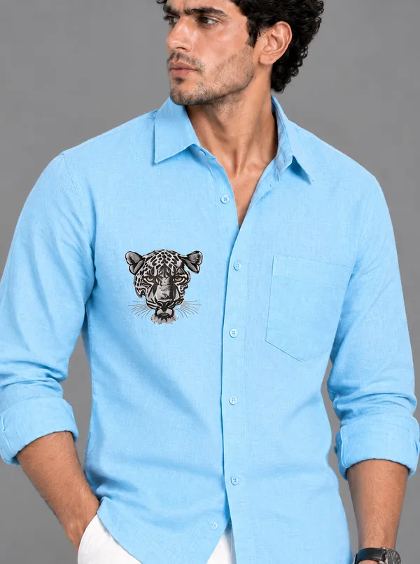 BOLLIQ_Sky_Blue_Leopard_Embroidery_100%_Cotton_Linen_Shirt