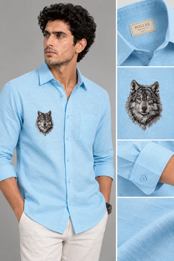 BOLLIQ_Sky_Blue_Wolf_Embroidery_100%_Cotton_Linen_Shirt