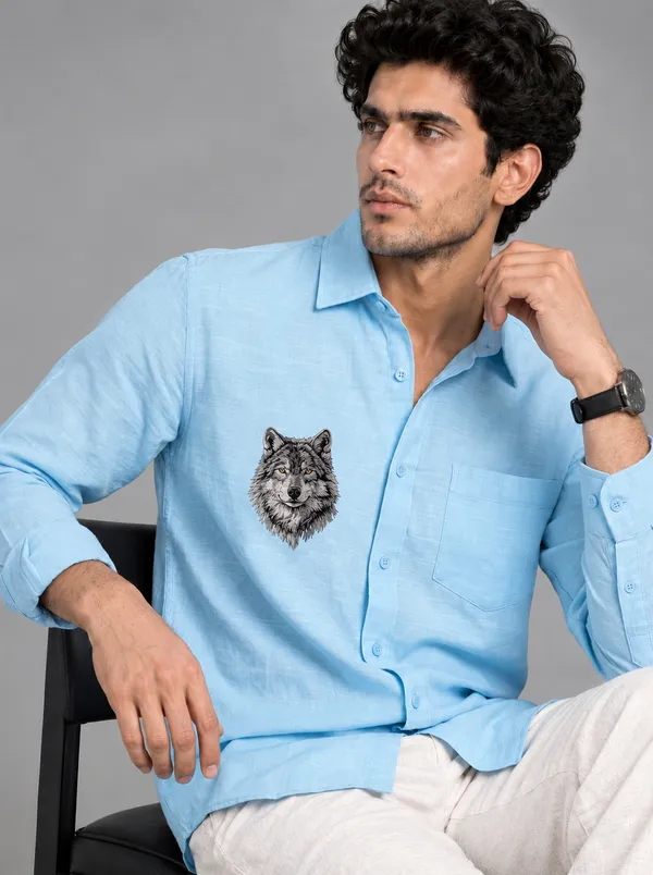 BOLLIQ_Sky_Blue_Wolf_Embroidery_100%_Cotton_Linen_Shirt