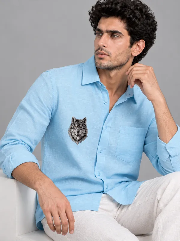 BOLLIQ_Sky_Blue_Wolf_Embroidery_100%_Cotton_Linen_Shirt