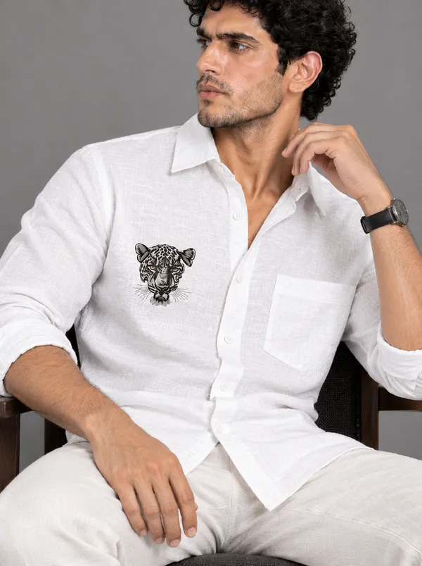 BOLLIQ_White_Leopard_Embroidery_100%_Cotton_Linen_Shirt