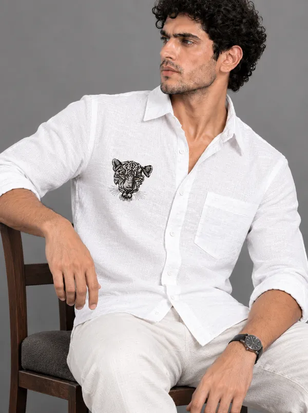 BOLLIQ_White_Leopard_Embroidery_100%_Cotton_Linen_Shirt