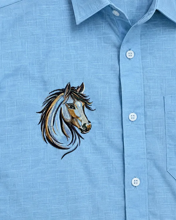 Bolliq_Premium_horse_Embroidery_Sky_Blue_100%_Cotton_Linen_Shirt