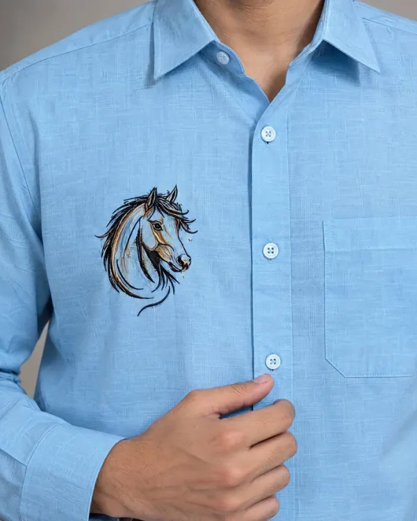 Bolliq_Premium_horse_Embroidery_Sky_Blue_100%_Cotton_Linen_Shirt