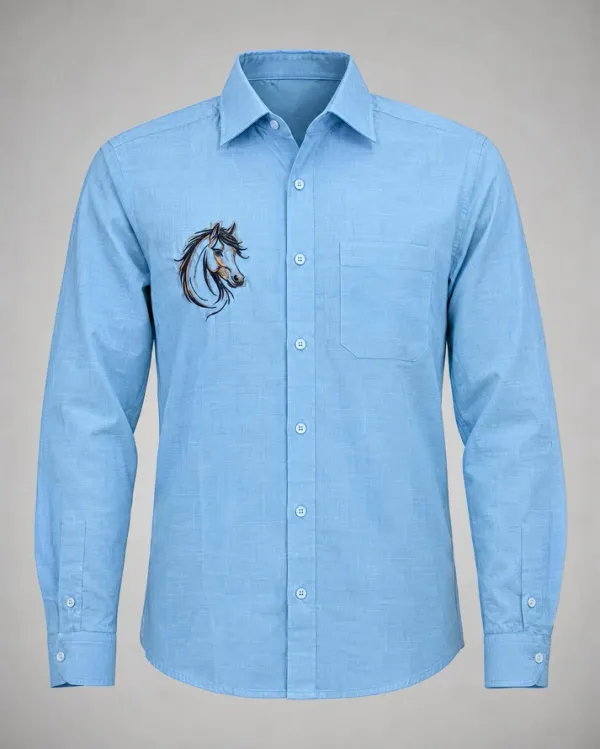 Bolliq_Premium_horse_Embroidery_Sky_Blue_100%_Cotton_Linen_Shirt