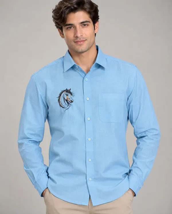 Bolliq_Premium_horse_Embroidery_Sky_Blue_100%_Cotton_Linen_Shirt