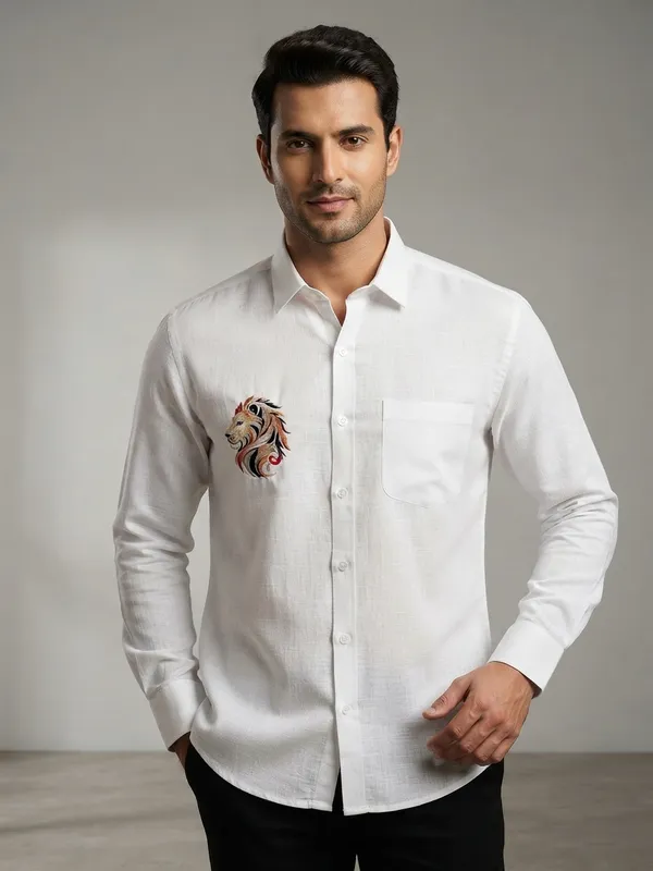 Bolliq_Premium_lion_Embroidery_White_100%_Cotton_Linen_Shirt