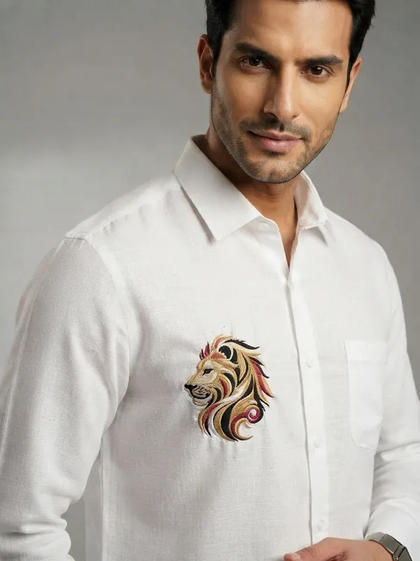 Bolliq_Premium_lion_Embroidery_White_100%_Cotton_Linen_Shirt