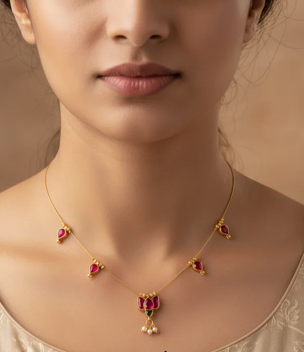 Elegant_Gold-Plated_Ruby_Pink_Stone_Necklace_With_Pearl_Drop_Pendant