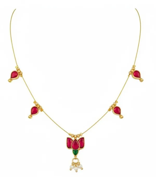 Elegant_Gold-Plated_Ruby_Pink_Stone_Necklace_With_Pearl_Drop_Pendant