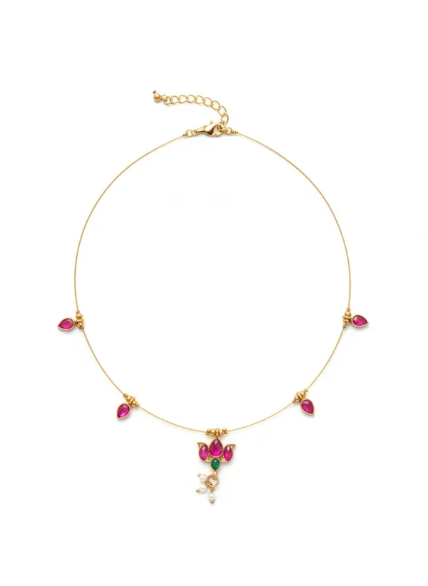 Elegant_Gold-Plated_Ruby_Pink_Stone_Necklace_With_Pearl_Drop_Pendant