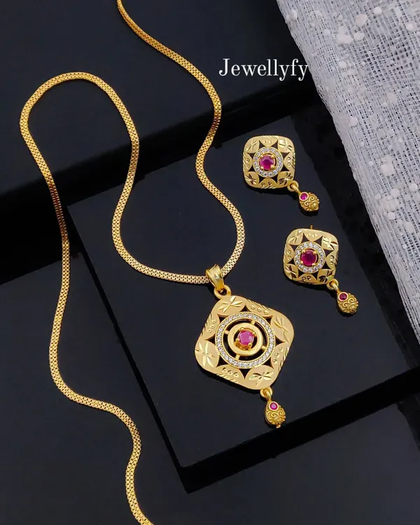 Gold-Plated_Ruby-Studded_Square_Designer_Pendant_Set_For_Women