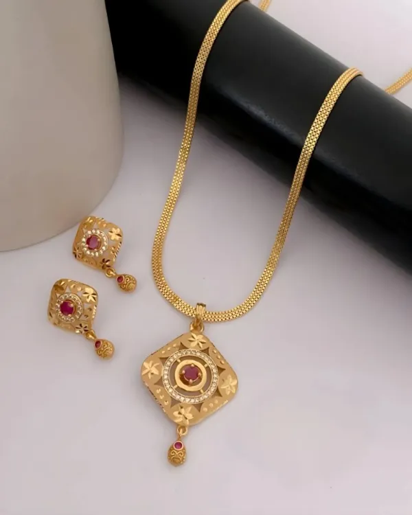 Gold-Plated_Ruby-Studded_Square_Designer_Pendant_Set_For_Women