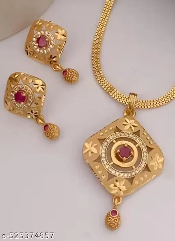 Gold-Plated_Ruby-Studded_Square_Designer_Pendant_Set_For_Women