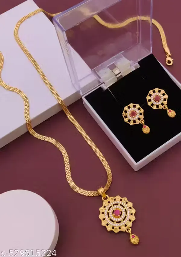 Gold_Plated_Ruby_And_Diamond_Studded_Fancy_Flower_Pendent_Set