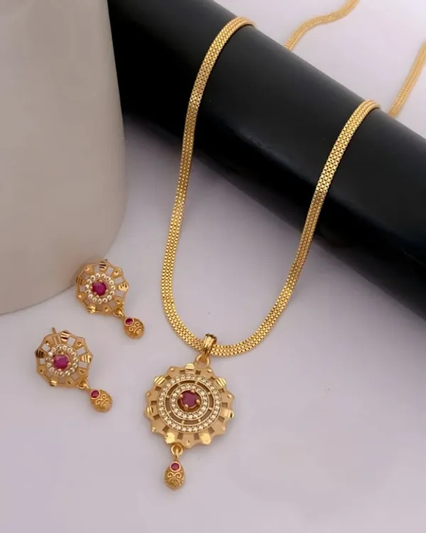 Gold_Plated_Ruby_And_Diamond_Studded_Fancy_Flower_Pendent_Set