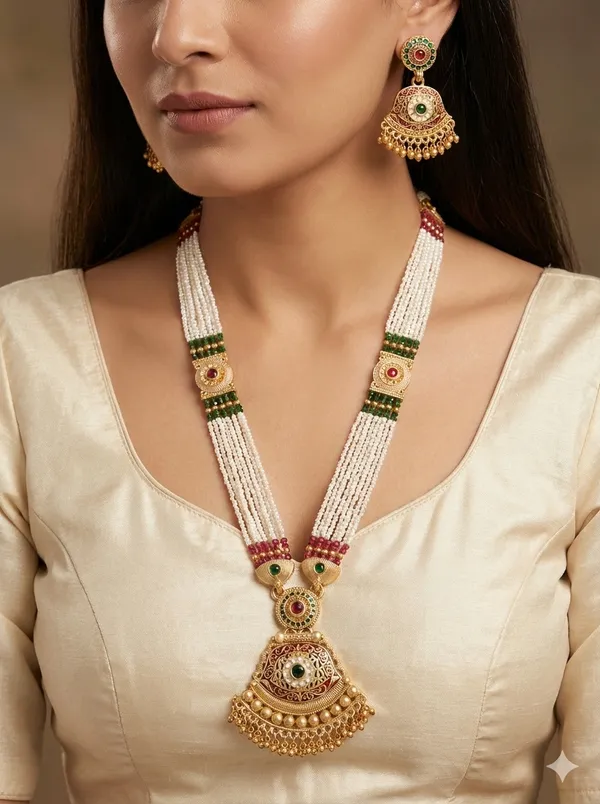 Micro_Gold_Plated_Pearl_Long_Necklace_Set_With_Temple_Pendant_&_Jhumka_Earrings