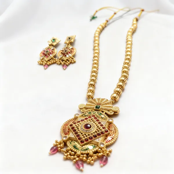 Micro_Gold_Plated_Square_Pendant_Long_Necklace_Set_With_Matching_Earrings