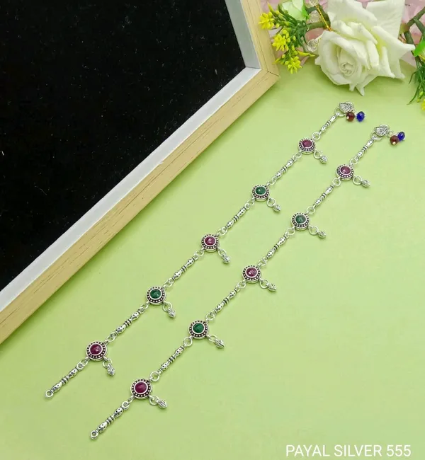 Multicolor_Stone_Oxodised_Silver_Round_Charm_Anklet