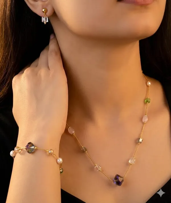 Seven_Star_Micro_Gold_Plated_Pastel_Crystal_&_Pearl_Necklace_With_Matching_Stud_Earrings