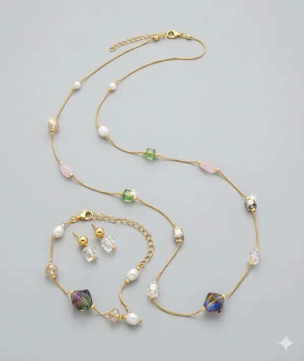 Seven_Star_Micro_Gold_Plated_Pastel_Crystal_&_Pearl_Necklace_With_Matching_Stud_Earrings