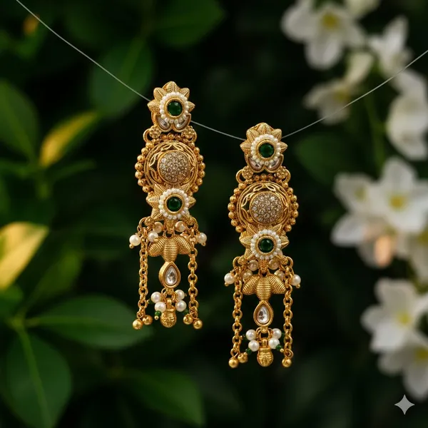 Seven_Star_Traditional_Gold-Plated_Kundan_Pearl_Drop_Earrings_With_Green_Stone