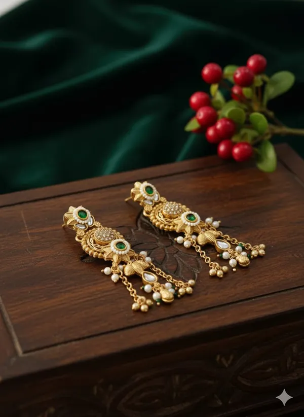 Seven_Star_Traditional_Gold-Plated_Kundan_Pearl_Drop_Earrings_With_Green_Stone