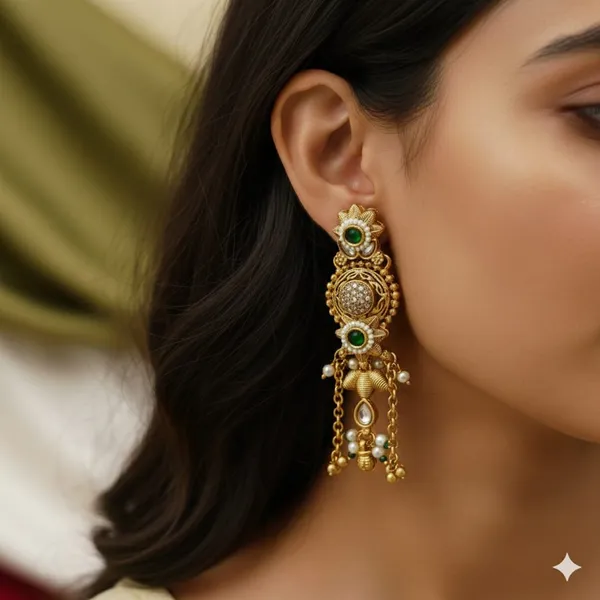 Seven_Star_Traditional_Gold-Plated_Kundan_Pearl_Drop_Earrings_With_Green_Stone