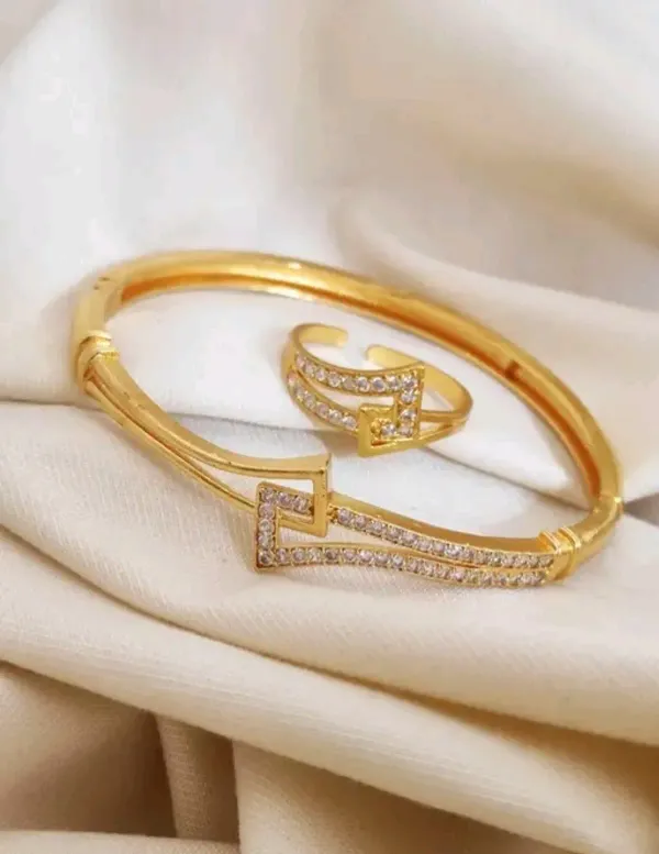 Stylish_Gold_Plated_Bracelet_&_Adjustable_Ring_With_Sparkling_Ad_Diamonds