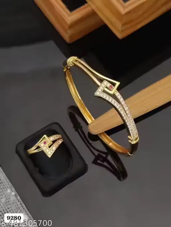 Stylish_Gold_Plated_Bracelet_&_Adjustable_Ring_With_Sparkling_Ad_Diamonds