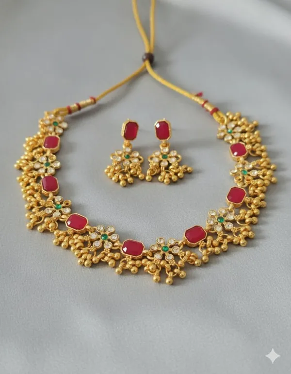Gold_Plated_Ad_Diamond_Studed_Fancy_Flower_Design_Ruby_Necklace_With_Matching_Earing