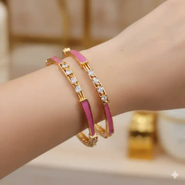Elegant_Pink_Enamel_Gold_Bangles_With_Diamond-Style_Stones_(Pair)