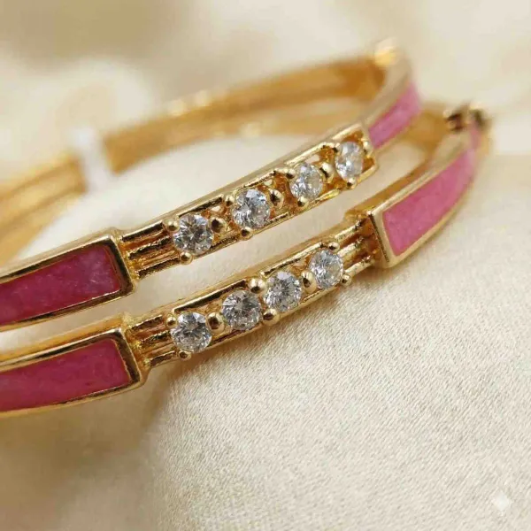 Elegant_Pink_Enamel_Gold_Bangles_With_Diamond-Style_Stones_(Pair)