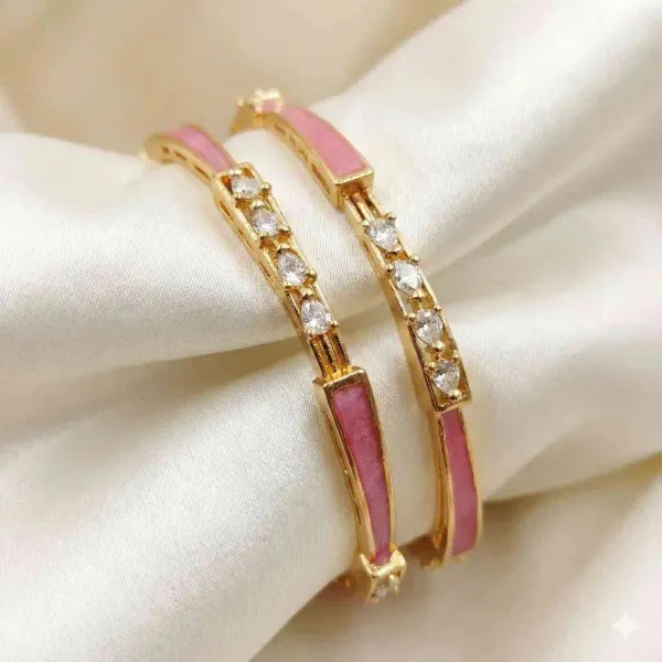 Elegant_Pink_Enamel_Gold_Bangles_With_Diamond-Style_Stones_(Pair)