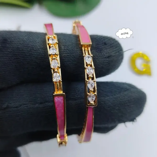 Elegant_Pink_Enamel_Gold_Bangles_With_Diamond-Style_Stones_(Pair)