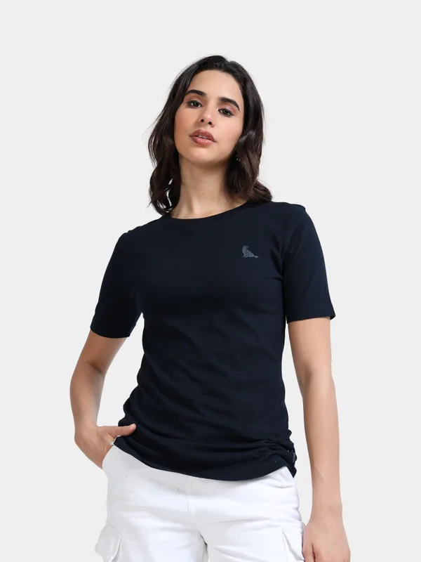 estuna fashion Navy Cotton Crew Neck Logo T-Shirt For Women Price