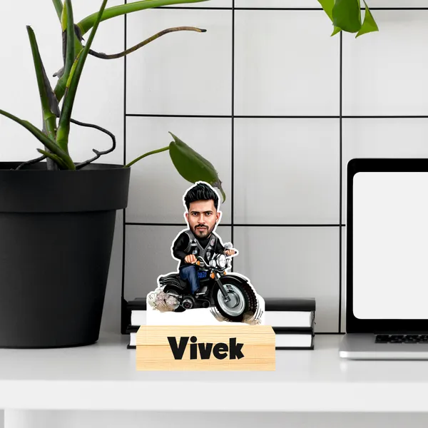 Customized_Adventure_Caricature_Biker_Personalized_Gift_With_Name_&_Logo_Engraved_Wooden_Base_Tabletop_Frame_