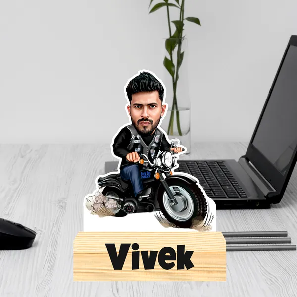 Customized_Adventure_Caricature_Biker_Personalized_Gift_With_Name_&_Logo_Engraved_Wooden_Base_Tabletop_Frame_