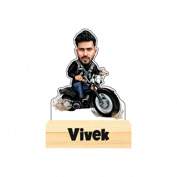 Customized_Adventure_Caricature_Biker_Personalized_Gift_With_Name_&_Logo_Engraved_Wooden_Base_Tabletop_Frame_