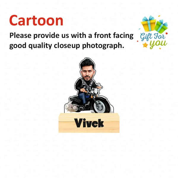 Customized_Adventure_Caricature_Biker_Personalized_Gift_With_Name_&_Logo_Engraved_Wooden_Base_Tabletop_Frame_