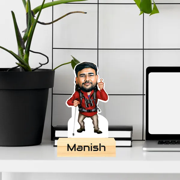 Tracking_Male_Caricature_–_Personalized_Adventure_Standee_with_Wooden_Base