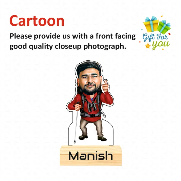 Tracking_Male_Caricature_–_Personalized_Adventure_Standee_with_Wooden_Base