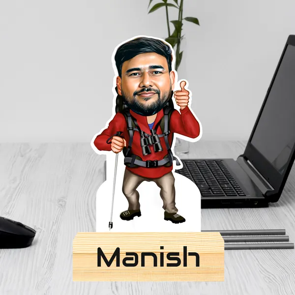Tracking_Male_Caricature_–_Personalized_Adventure_Standee_with_Wooden_Base
