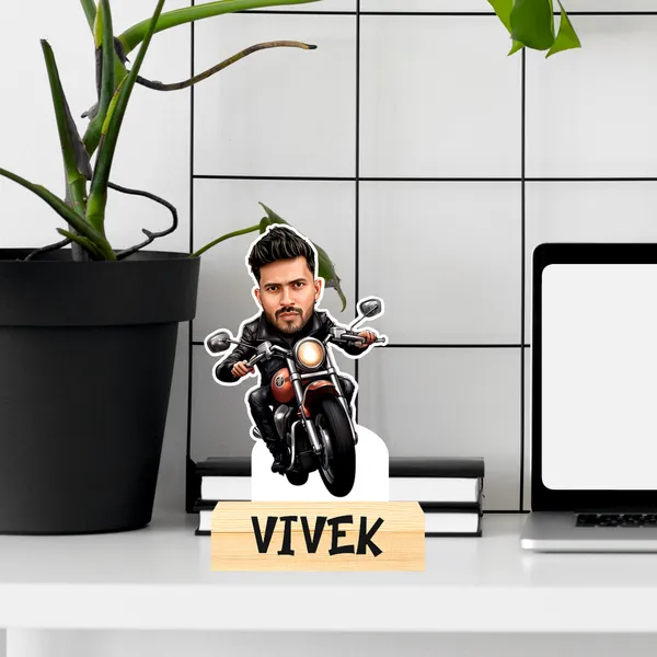 Customized_Adventure_Caricature_Biker_Personalized_Gift_Name_&_Logo_Engraved_With_Wooden_Base_Table_Top_Frame_