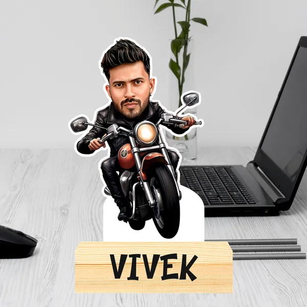 Customized_Adventure_Caricature_Biker_Personalized_Gift_Name_&_Logo_Engraved_With_Wooden_Base_Table_Top_Frame_