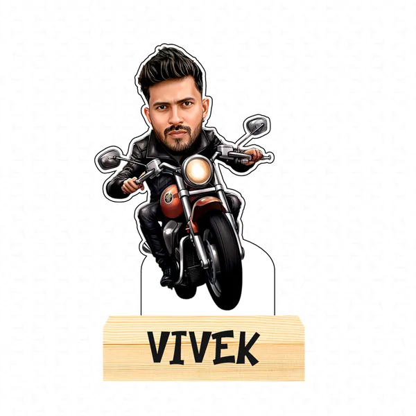 Customized_Adventure_Caricature_Biker_Personalized_Gift_Name_&_Logo_Engraved_With_Wooden_Base_Table_Top_Frame_