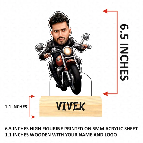 Customized_Adventure_Caricature_Biker_Personalized_Gift_Name_&_Logo_Engraved_With_Wooden_Base_Table_Top_Frame_