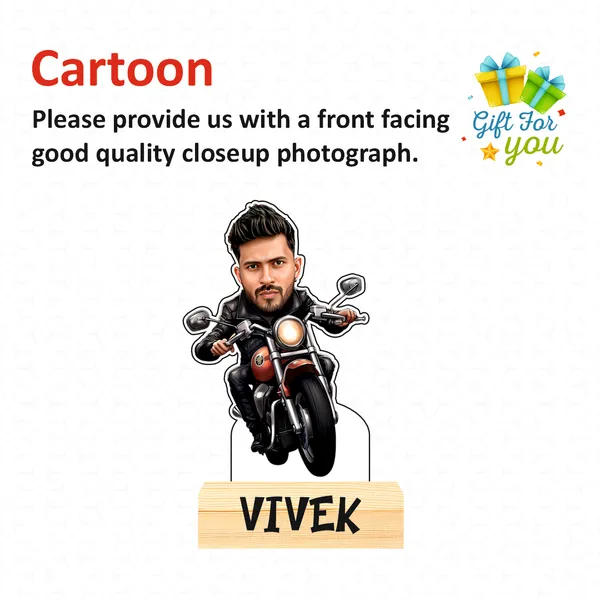 Customized_Adventure_Caricature_Biker_Personalized_Gift_Name_&_Logo_Engraved_With_Wooden_Base_Table_Top_Frame_
